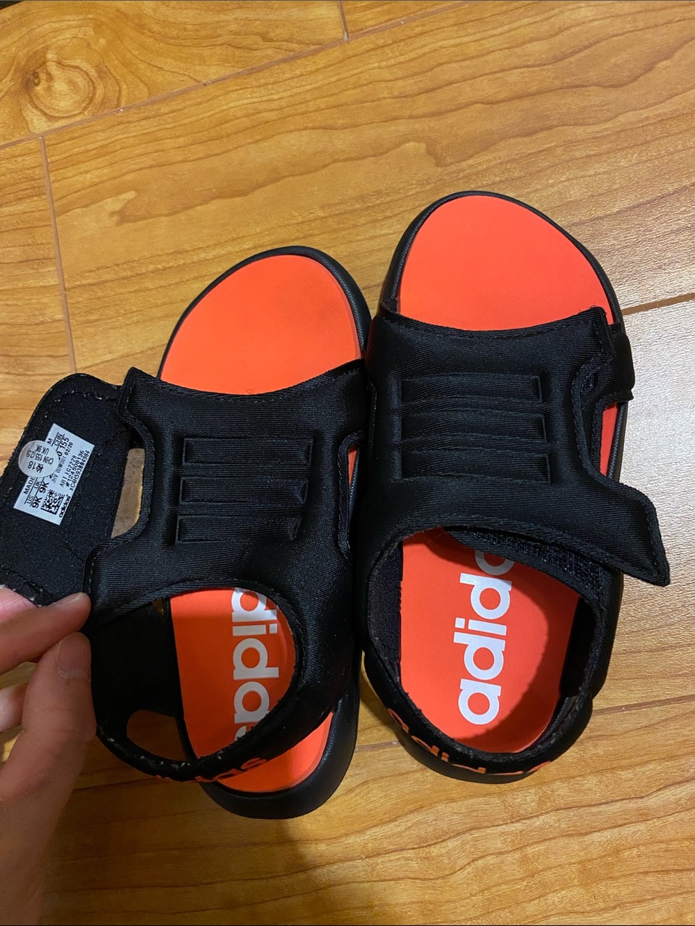 adidas Kids Black Strappy Sandals with Bright Orange Footbed